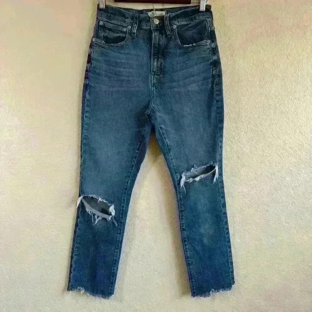 Madewell The High Rise Slim Boy Jean Ripped Frayed Blue Demin Women Size 27